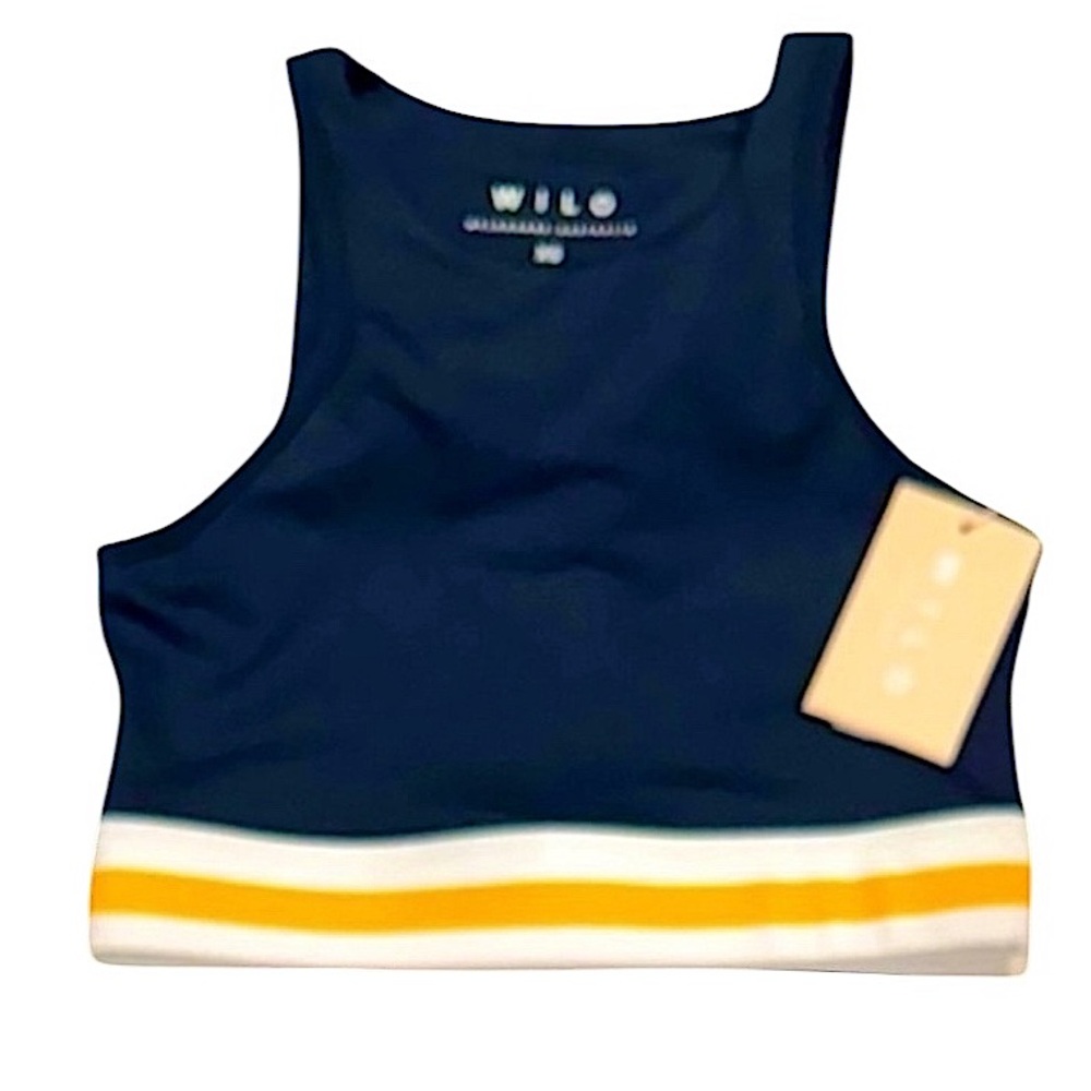 WILO THE LABEL Contour Crop Sports Bra Navy Blue Yellow Marigold Stripe NWT XS